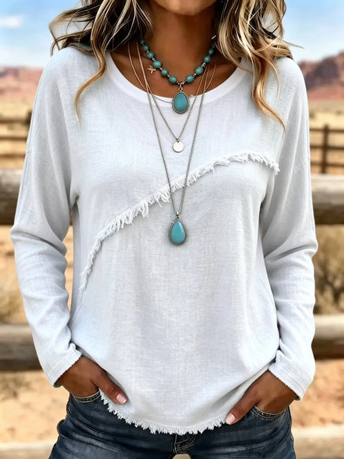 Blusa bohemia para mujer con flecos y manga larga relajada