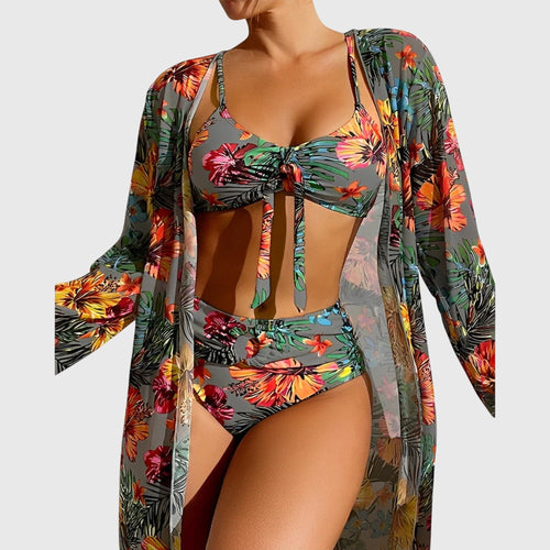 Bikini tres piezas mujer tropical top lazo cintura alta kimono playa verano