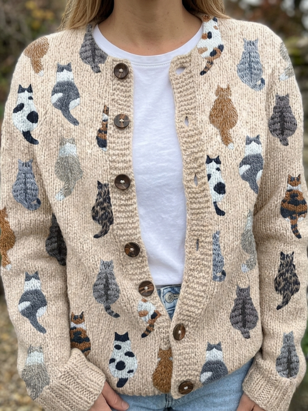 Cárdigan mujer de punto con estampado de gatos
