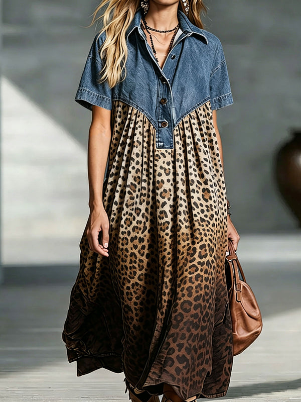 Vestido mujer patchwork con mezclilla y estampado leopardo