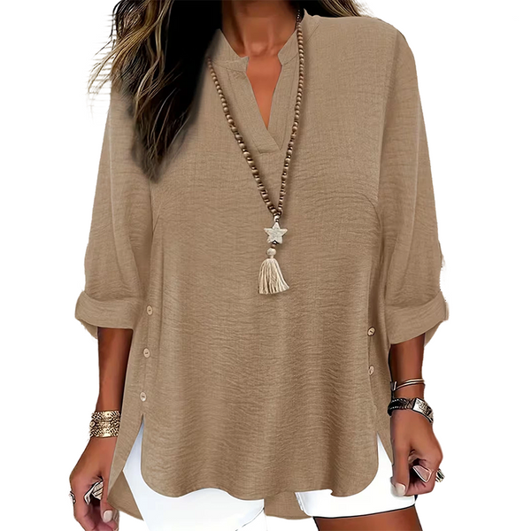 Top mujer con cuello en V y botones laterales