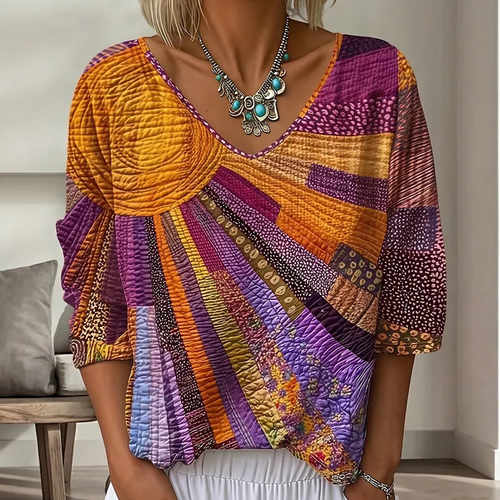 Blusa patchwork mujer con cuello en V y mangas 3/4