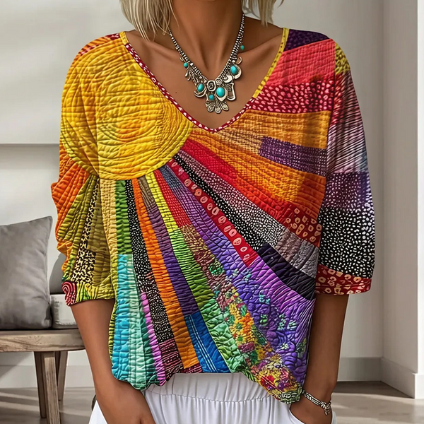 Blusa patchwork mujer con cuello en V y mangas 3/4