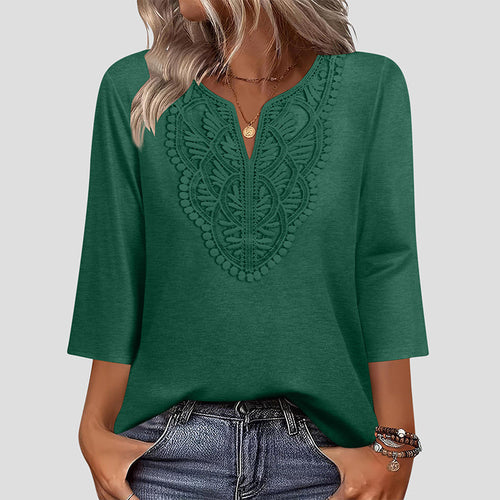 Blusa túnica con escote de encaje para mujer y manga tres cuartos