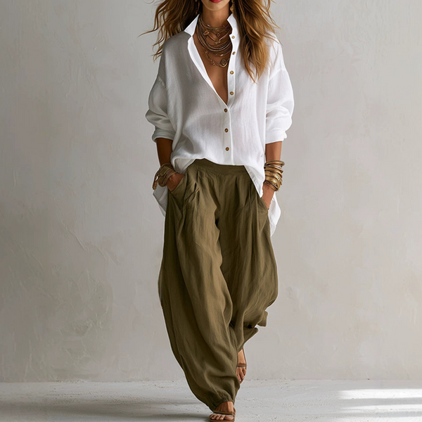 Conjunto mujer con camisa amplia y pantalón fluido