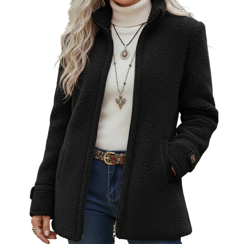 Chaqueta cálida con cuello alto y cremallera frontal para mujer