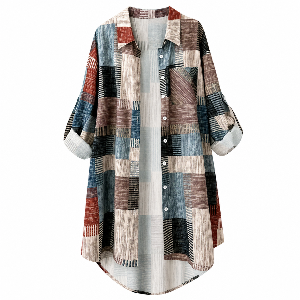 Camisa patchwork holgada para mujer con botones y cuello clásico