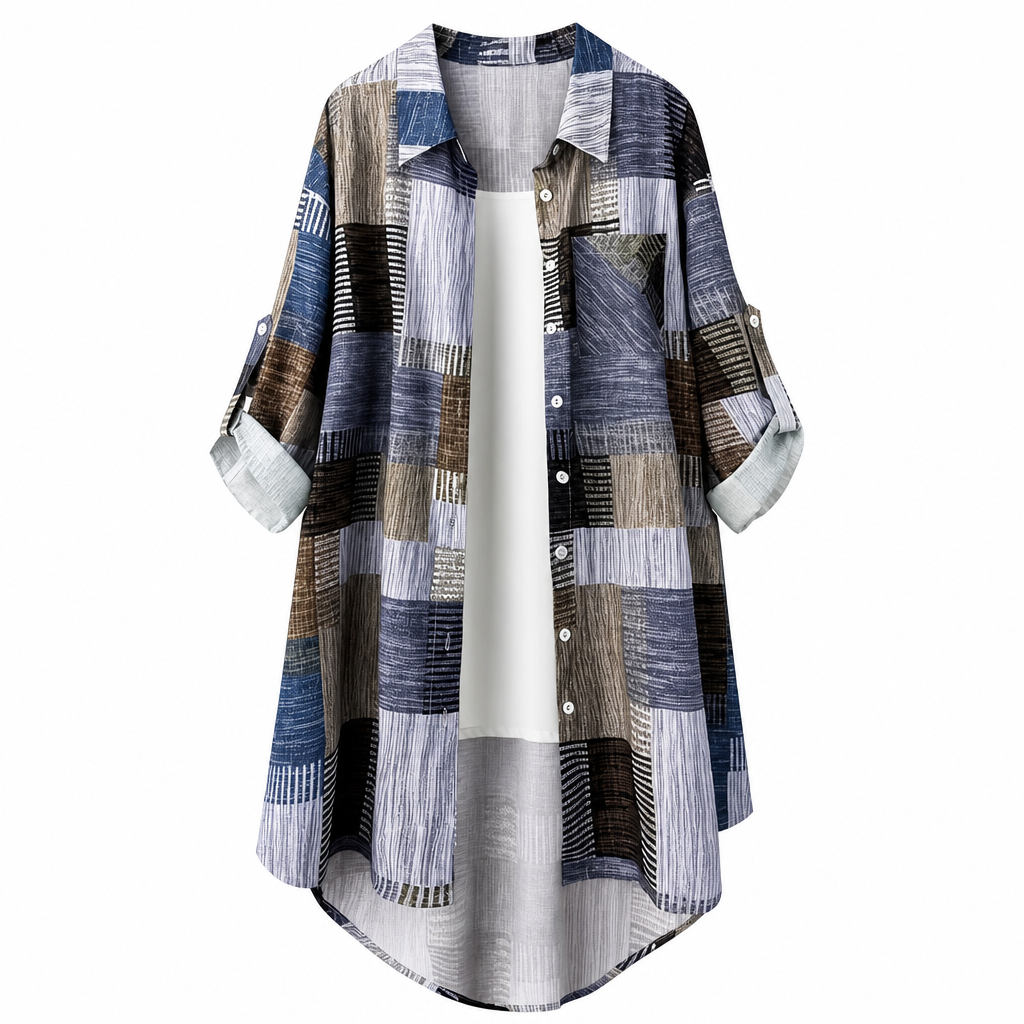 Camisa patchwork holgada para mujer con botones y cuello clásico