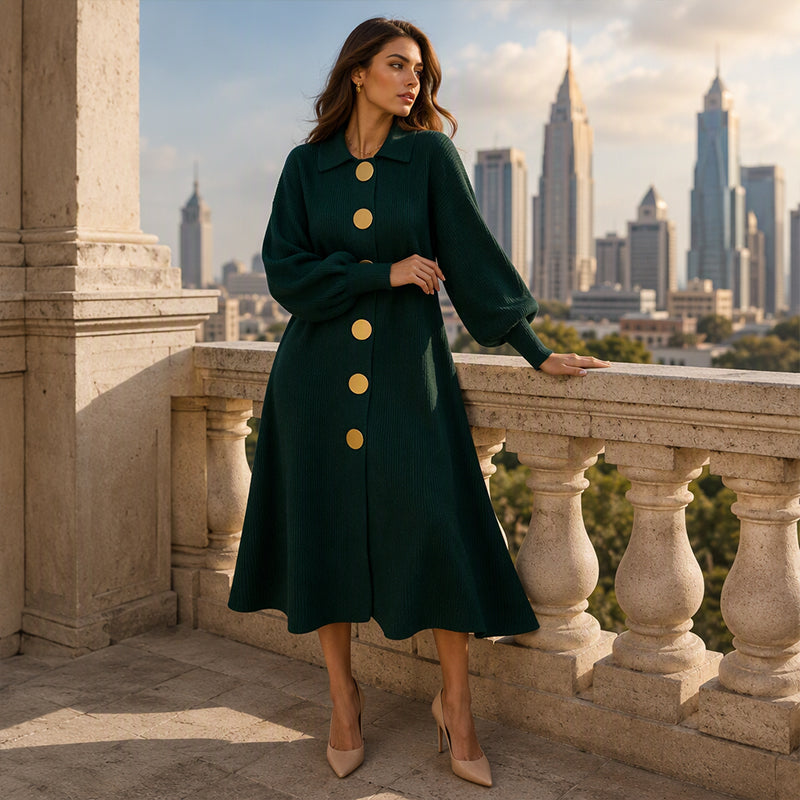 Vestido largo elegante para mujer con botones y mangas abullonadas