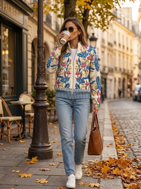 Cárdigan floral para mujer con cremallera y mangas largas