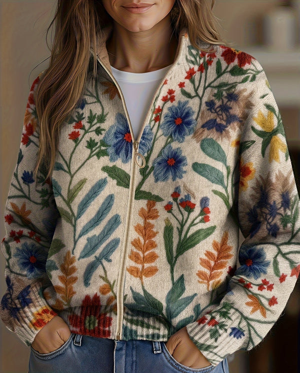Cárdigan floral para mujer con cremallera y mangas largas